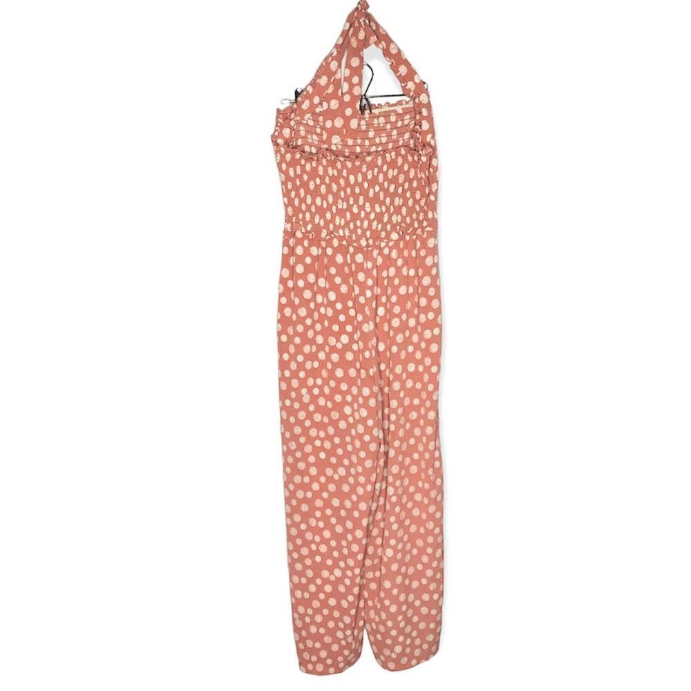 Candie's Smocked Sleeveless Polka Dot Halter Tie Jumpsuit Large Pink White New - Picture 12 of 12